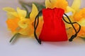 Red velvet pouch with yellow flowers on a white background isolated Royalty Free Stock Photo