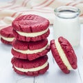 Red velvet sandwich cookies with cream cheese filling, square