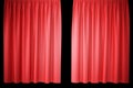 Red velvet stage curtains, scarlet theatre drapery. Silk classical curtains, red theater curtain. 3d rendering