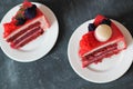 Red velvet. Tasty red homemade cake decorated by macarons