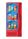 Red vending machine with colorful bottled and canned drinks. Cold beverages inside modern dispenser. Refreshment concept