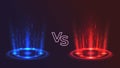 Red versus blue glowing hologram podiums for game battle. Realistic vs competition with light effect. Magic portals for fight