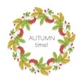 Red viburnum. Autumn wreath, frame. Fall border. Autumn time. Vector poster, autumn falling leaves