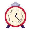 Red vintage alarm clock showing seven oclock. Classic analog timepiece bells legs. Time management