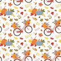 Red vintage bike with pumpkins and autumn leaves. Vector seamless pattern on white background Royalty Free Stock Photo