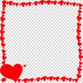 Red vintage border made of hearts with arrow pierced heart silhouette isolated