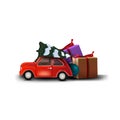 Red vintage car carrying Christmas tree isolated on white background Royalty Free Stock Photo