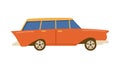 Red vintage car, isolated, flat vector illustration. Orange retro car, family station wagon, side view. Cartoon icon Royalty Free Stock Photo