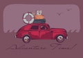 A red vintage car with a luggage on a top over a seascape and gulls. Retro stylized vector illustration
