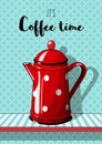 Red vintage coffee pot with on blue patterned background Royalty Free Stock Photo