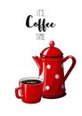 Red vintage coffee pot with cup on white background, with text It`s coffee time, illustration in country style Royalty Free Stock Photo