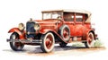 Red Vintage Convertible Car Illustration On White. Wall Art Wallpaper