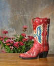 Red vintage cowboy boot on wood