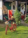 Red vintage decorated bicycle in the green garden