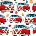 Red vintage hippie van seamless vector pattern