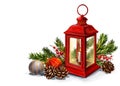 Red vintage lantern with a burning candle with Christmas toys, Decorative Christmas ornament, art illustration painted