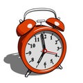 Red vintage mechanical alarm clock with shadow. Semi realistic vector illustration
