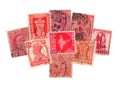 Red vintage postage stamps from India. Royalty Free Stock Photo