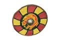 Red vintage shield with yellow animal lion a medieval warrior, isolated on a white background. Reconstruction of the events of the