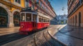 Red vintage tram on a cobbled street in Lisbon, architectural cityscape view Royalty Free Stock Photo