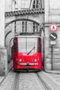 Red vintage tram on the street of old Prague Royalty Free Stock Photo