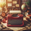 Vintage typewriter, books, clock and glasses on wooden table Royalty Free Stock Photo