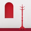 Red Vintage Wooden Coat Rack near Red Window. 3d Rendering Royalty Free Stock Photo