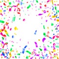 Red violet green yellow shiny holiday realistic confetti flying vector background. Royalty Free Stock Photo