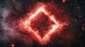 A red virtual abstract background showcasing a space tunnel with neon lighting. A reality-based square portal arch
