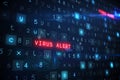 Red VIRUS ALERT text is glowing in 3D digital interface with floating code, glowing grid squares Royalty Free Stock Photo