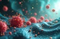 Red virus cells bacteria float near textured blue surface. Tiny particles glow around microbial pathogens. Microorganisms spread, Royalty Free Stock Photo