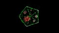 Red virus cells locked inside green hexagon block rotating over blurred space background.