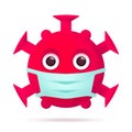 Red Virus Emoticon with Medical Mask. Coronavirus Emoji Character Symbol. COVID-19 Pandemic 3D Icon. Modern Flat Vector Royalty Free Stock Photo