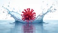 Red virus with spikes in water splash. Water droplets splash around virus. Virus in water. Splashing water around red virus. Red Royalty Free Stock Photo