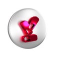 Red Vitamin complex of pill capsule icon isolated on transparent background. Healthy lifestyle. Silver circle button.