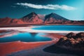 Red volcanic mountains and a blue salt lake