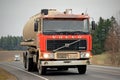 Red Volvo F12 Tank Truck on the Road Royalty Free Stock Photo