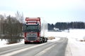 Red Volvo FH16 Cargo Truck Winter Road Landscape