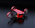 Red VTOL drone with delivery packages on black background