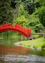 Red walking bridge in Japanese garden Royalty Free Stock Photo