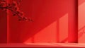 Red wall background with red flowers and sunlight shadow on a shelf. Generative AI Royalty Free Stock Photo