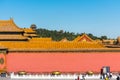 Red wall and golden tiles rooftops of The Forbidden City,the former Chinese imperial palace from the Ming dynasty to the end of