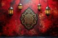 Red Wall with Hanging Lanterns and Mandala Design Royalty Free Stock Photo