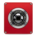 Red wall-mounted speaker with metallic grille and four mounting screws Royalty Free Stock Photo