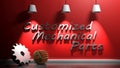 Red illuminated wall with the write CUSTOMIZED MECHANICAL PARTS and two gears - 3D rendering illustration