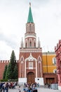 Red wall and watchtower of kremlin Palace near the Red Square in Moscow, Russia