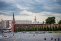 Red wall and watchtower of kremlin Palace near the Red Square in Moscow, Russia