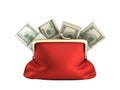 Red wallet with dollar money stacks 3d render on white no shadow