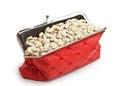 Red wallet filled with white beans