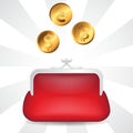 Red wallet and gold coins Euro dollar bitcoin on isolated background. Vector image